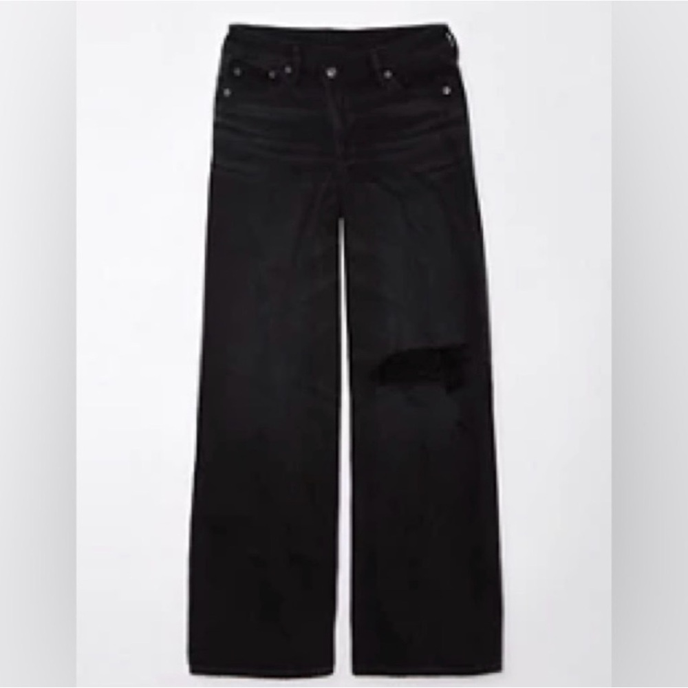 American Eagle Black Distressed Super High-rise Ultra Wide Leg Jeans Sz 0 Short